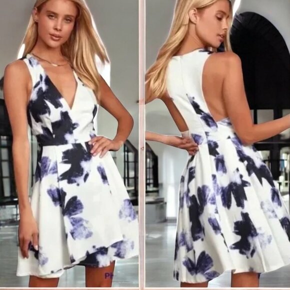 Lulus Blue & White Floral Fit & Flare‎ Babydoll Dress V-Neck Sleeveless Size S - Picture 1 of 11